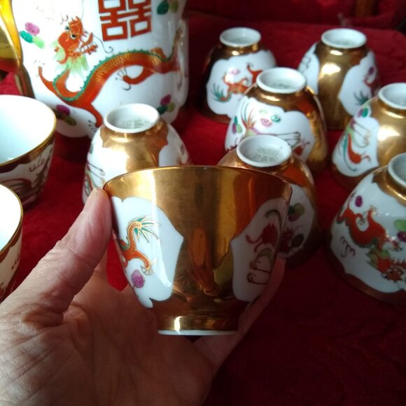 Vintage Chinese porcelain 6 x tea cups bowls set dragon phoenix double happiness - Picture 8 of 11